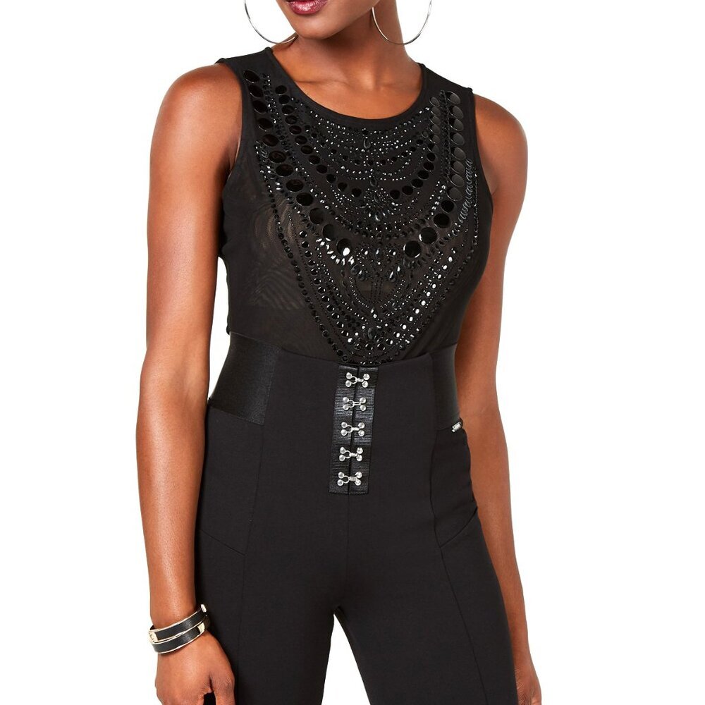 GUESS Small Black Bodysuit Rhinestone-Embellished Sheer Nolah Bodysuit